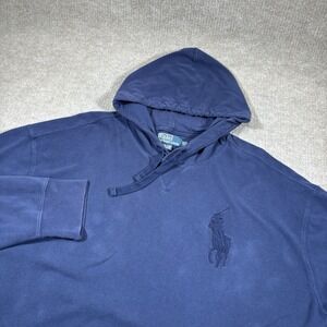 Vintage Polo Ralph Lauren Hoodie Mens 3XL Tall Blue Knit Big Pony Logo Preppy